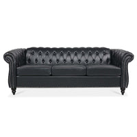 Black PU Rolled Arm Chesterfield Three Seater Sofa