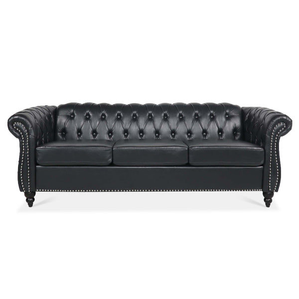 Black PU Rolled Arm Chesterfield Three Seater Sofa