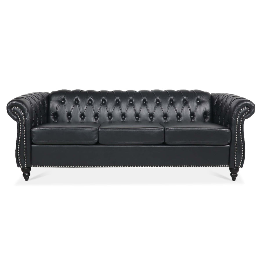 Black PU Rolled Arm Chesterfield Three Seater Sofa